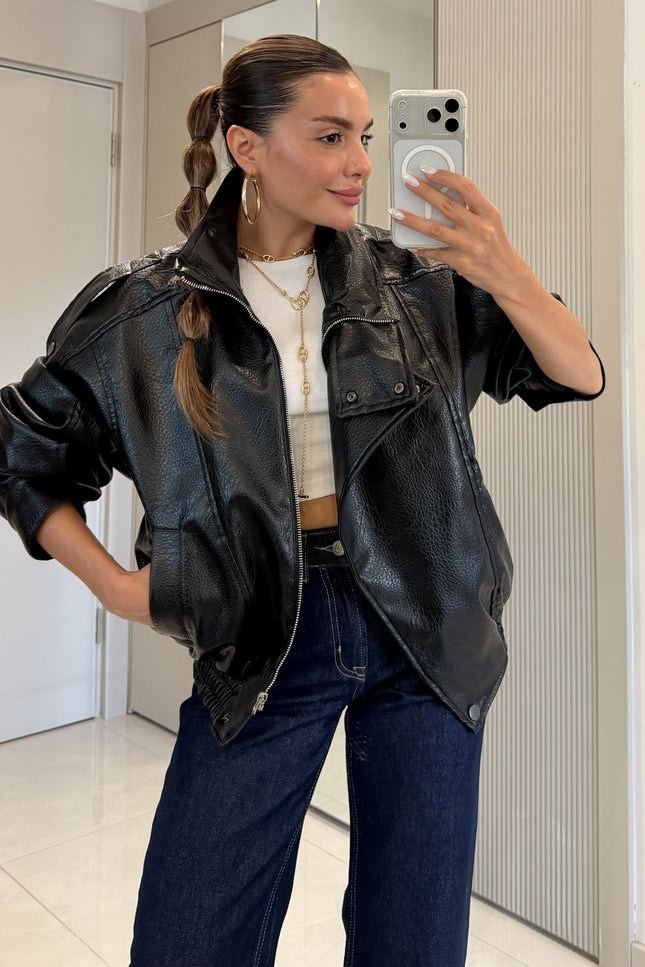 Carlota Oversize Zippered Faux-Leather Jacket