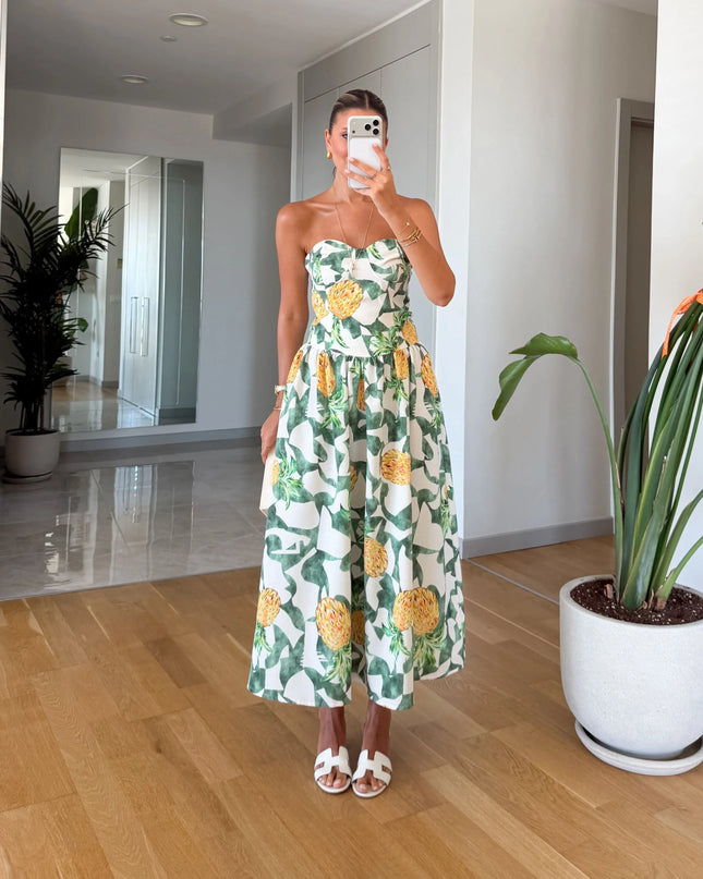 Pineapple Print Strapless Midi Dress – Kay28