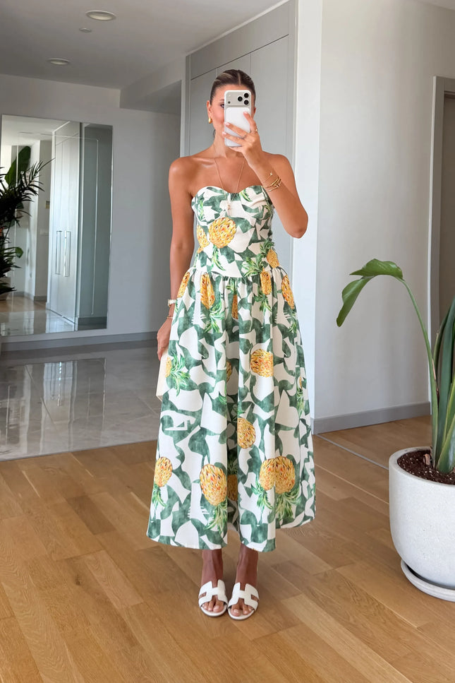 Pineapple Print Strapless Midi Dress
