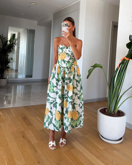 Pineapple Print Strapless Midi Dress