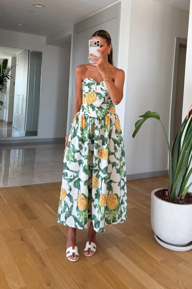 Pineapple Print Strapless Midi Dress