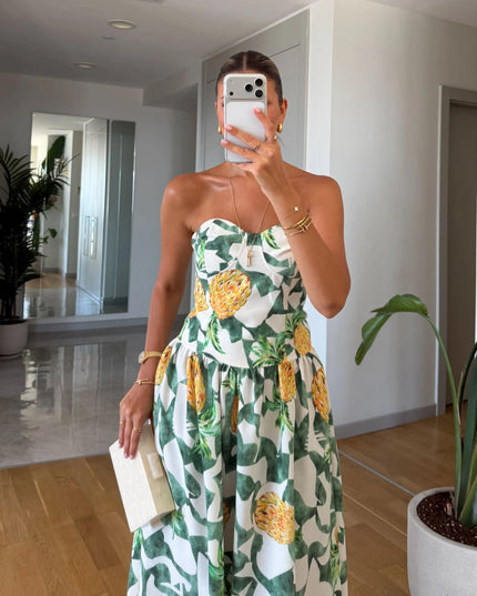 Pineapple Print Strapless Midi Dress