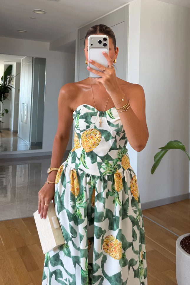 Pineapple Print Strapless Midi Dress