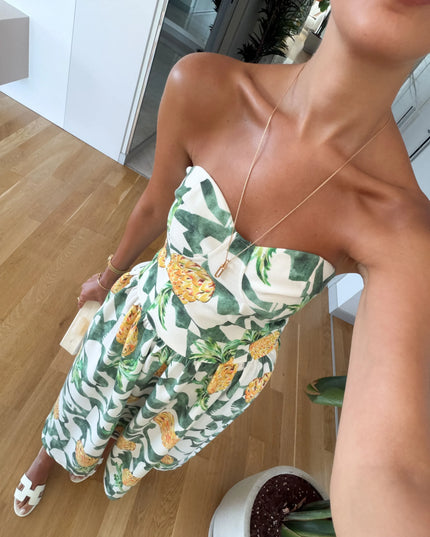 Pineapple Print Strapless Midi Dress
