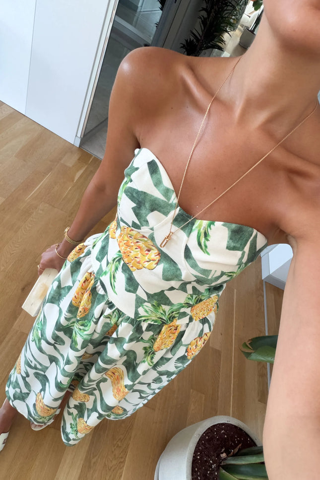 Pineapple Print Strapless Midi Dress