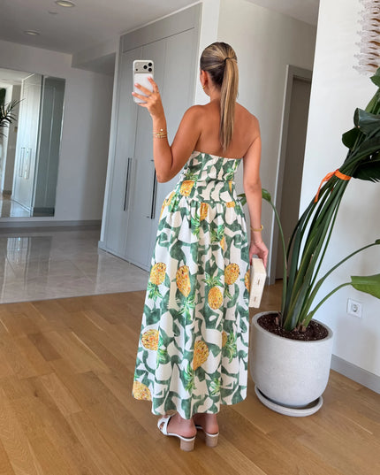 Pineapple Print Strapless Midi Dress