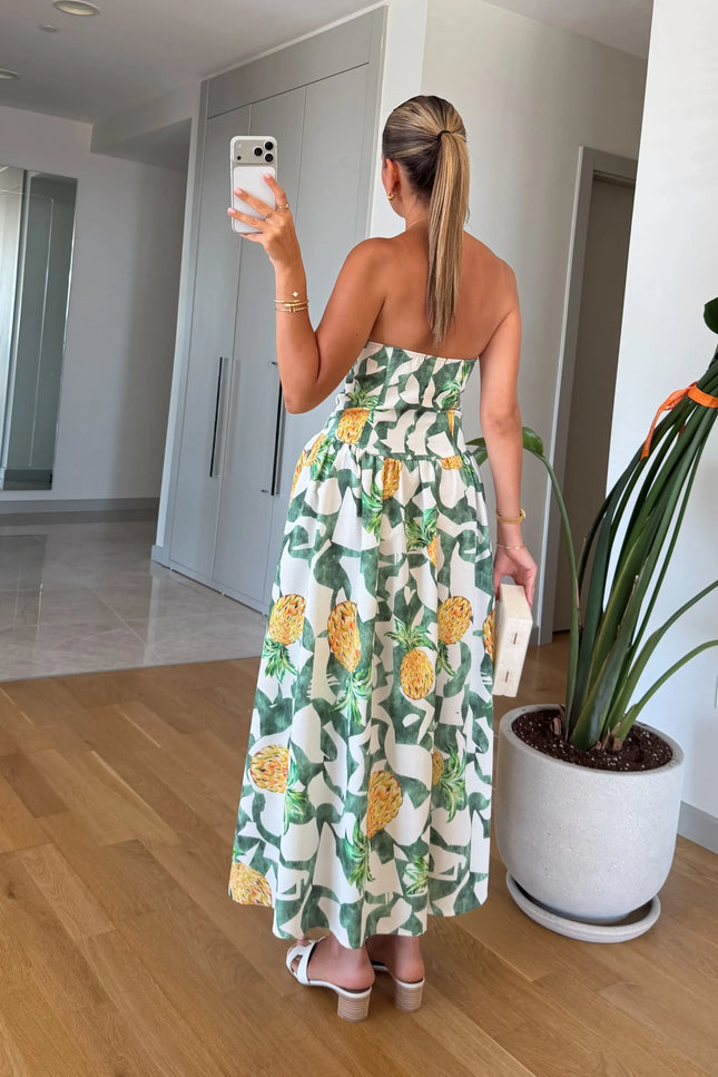 Pineapple Print Strapless Midi Dress