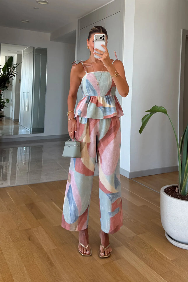 Multicolor Patterned Blouse and Trousers Set