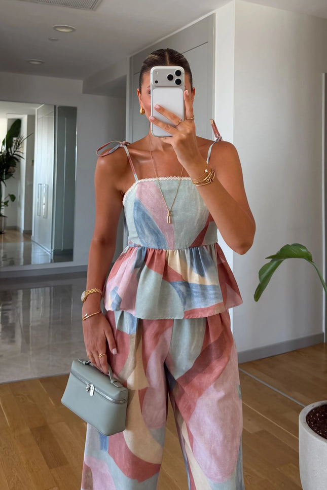 Multicolor Patterned Blouse and Trousers Set