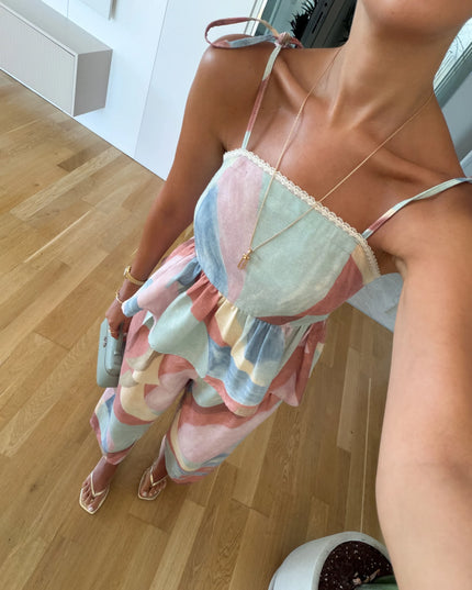 Multicolor Patterned Blouse and Trousers Set