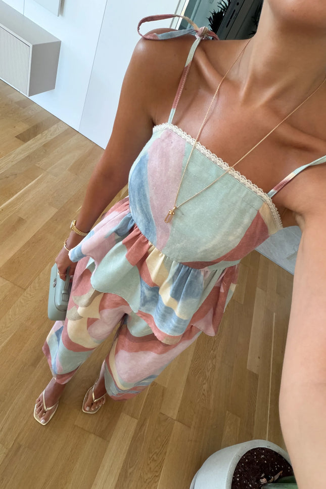 Multicolor Patterned Blouse and Trousers Set