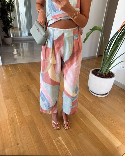 Multicolor Patterned Blouse and Trousers Set