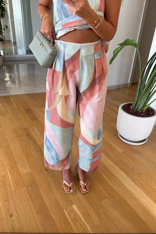 Multicolor Patterned Blouse and Trousers Set