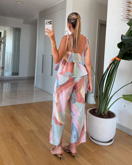 Multicolor Patterned Blouse and Trousers Set