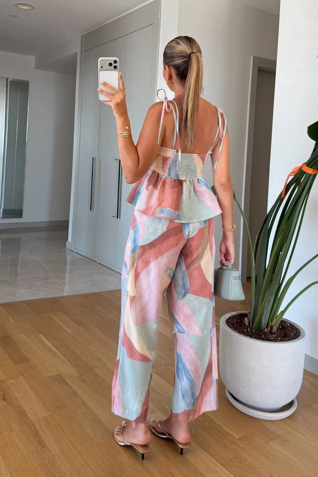Multicolor Patterned Blouse and Trousers Set