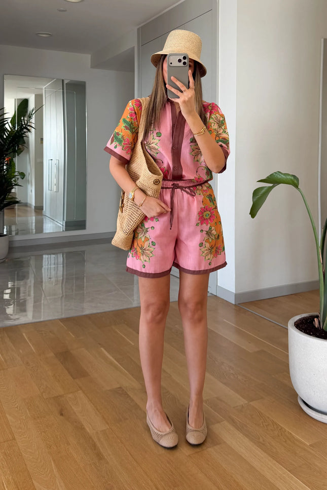 Linen Floral Print Shorts Set