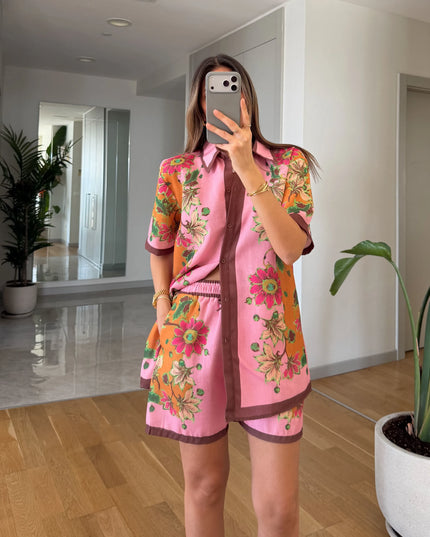 Linen Floral Print Shorts Set