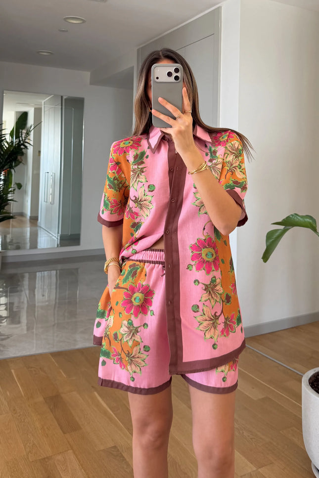 Linen Floral Print Shorts Set