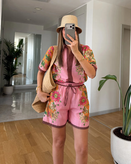 Linen Floral Print Shorts Set