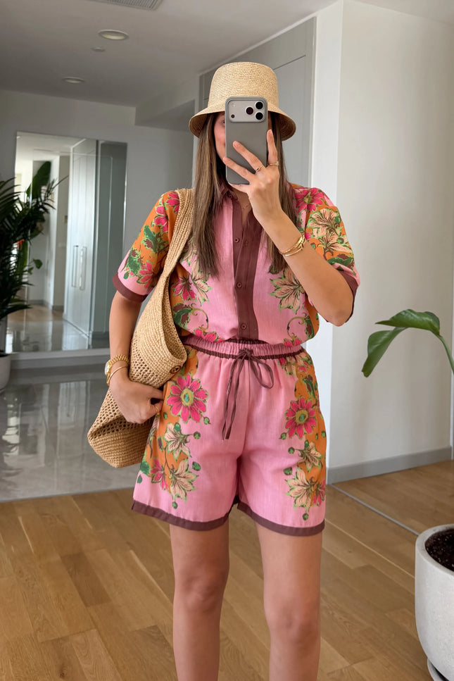 Linen Floral Print Shorts Set