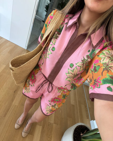 Linen Floral Print Shorts Set