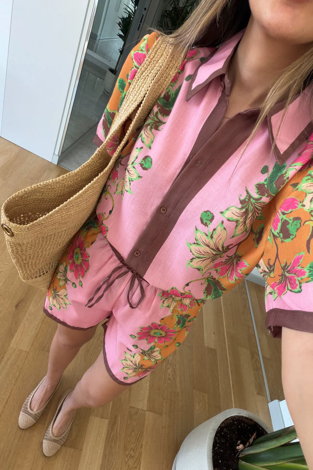 Linen Floral Print Shorts Set