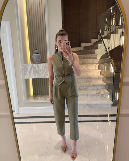 Victoria Belted Zip-Up Vest and Trousers Set - Khaki
