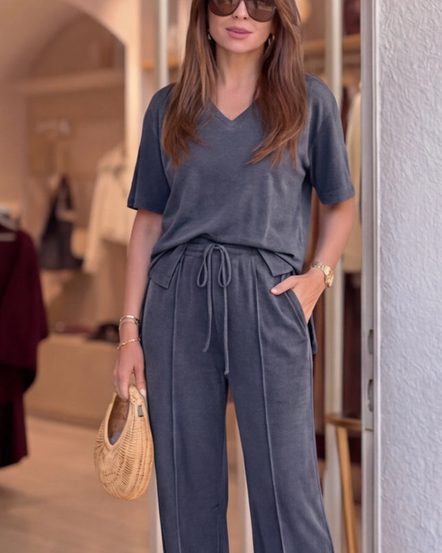 Camelia V-Neck T-Shirt & Wide-Leg Pants Set