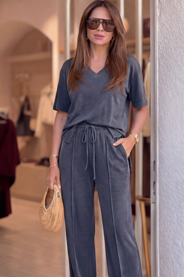 Camelia V-Neck T-Shirt & Wide-Leg Pants Set