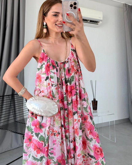 Floral Pattern Strappy Lined Dress