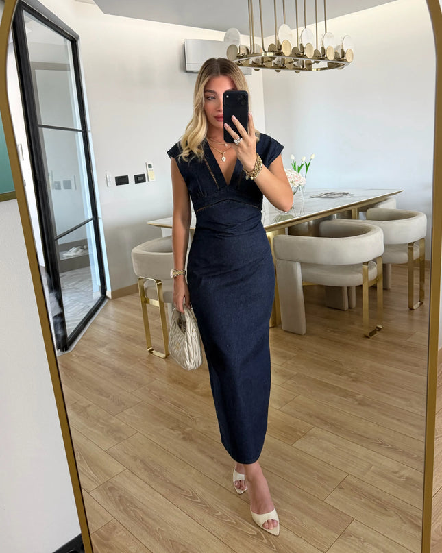 Banu Lace Detail Denim Midi Dress