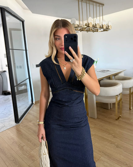 Banu Lace Detail Denim Midi Dress