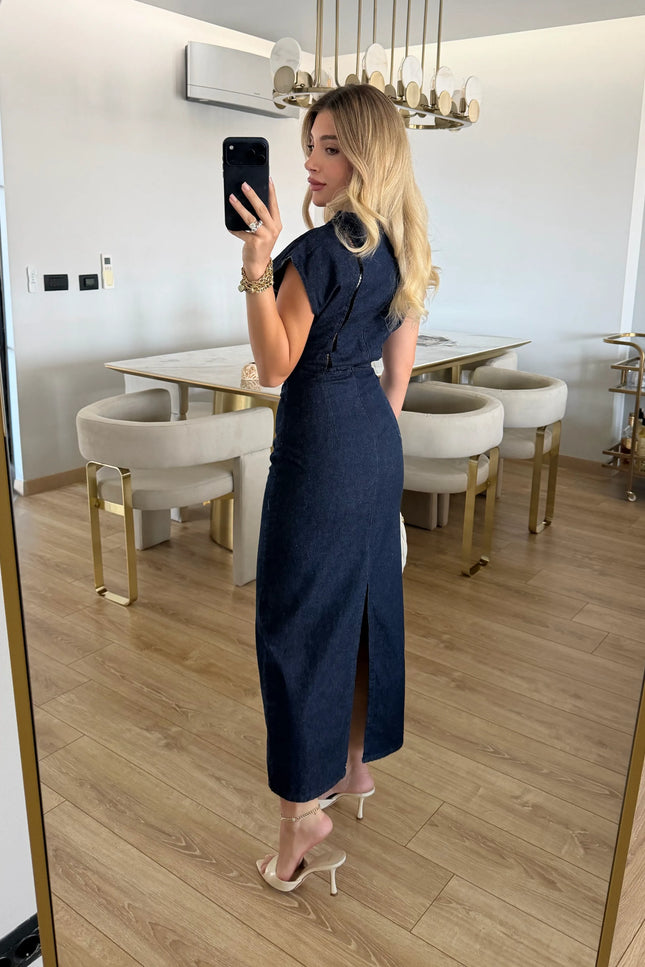 Banu Lace Detail Denim Midi Dress