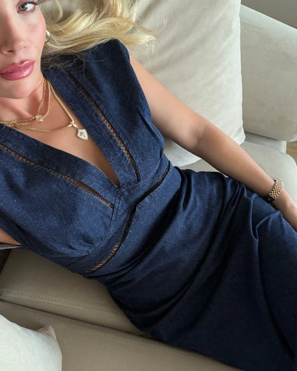 Banu Lace Detail Denim Midi Dress