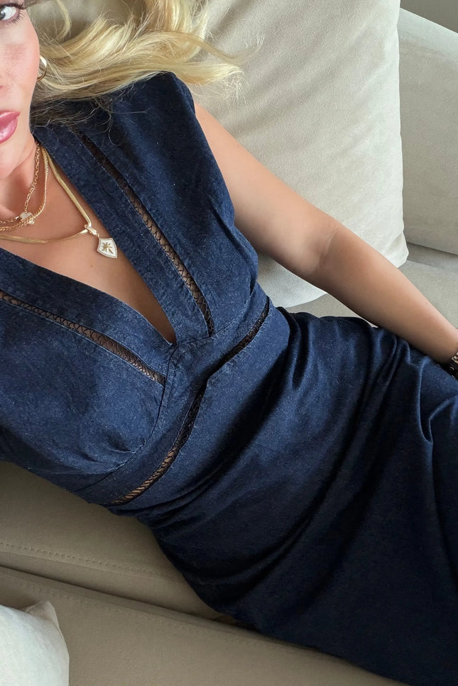 Banu Lace Detail Denim Midi Dress