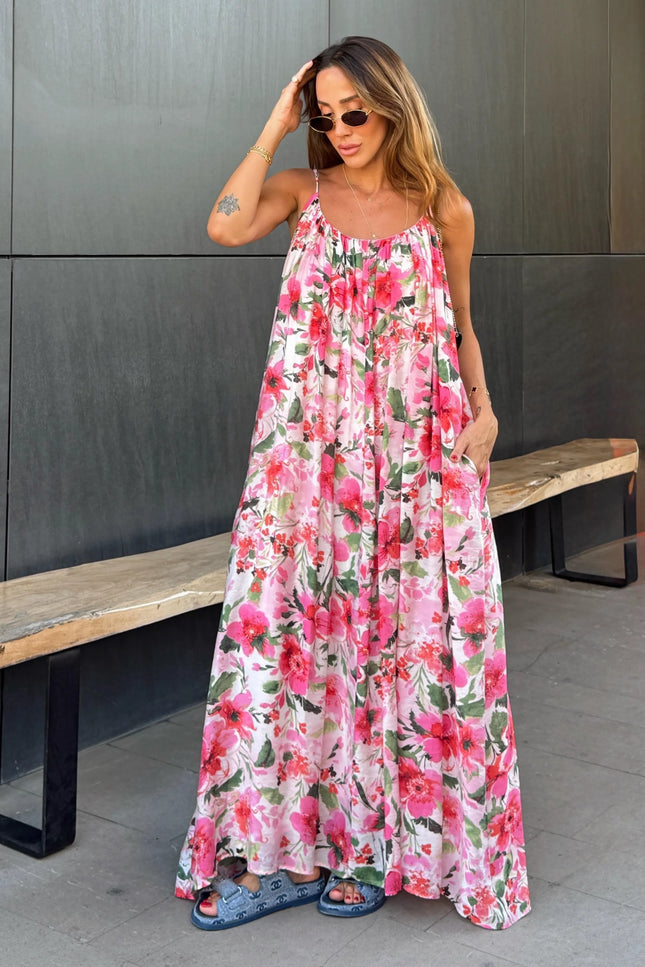 Floral Pattern Strappy Lined Dress
