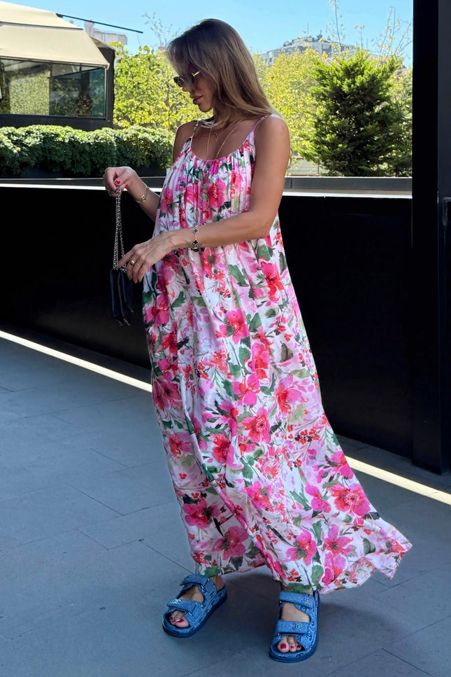 Floral Pattern Strappy Lined Dress
