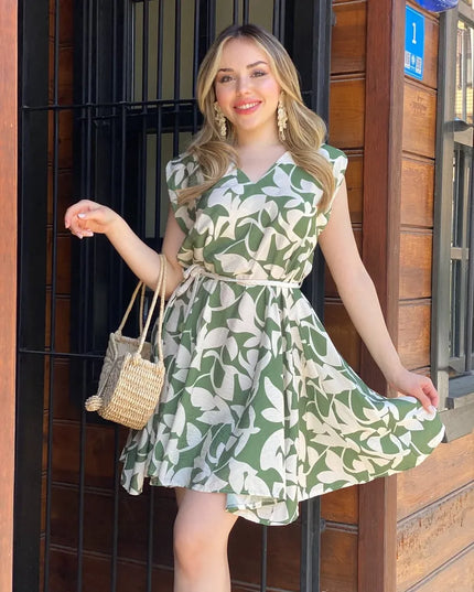 Misandey V-Neck Belted Dress