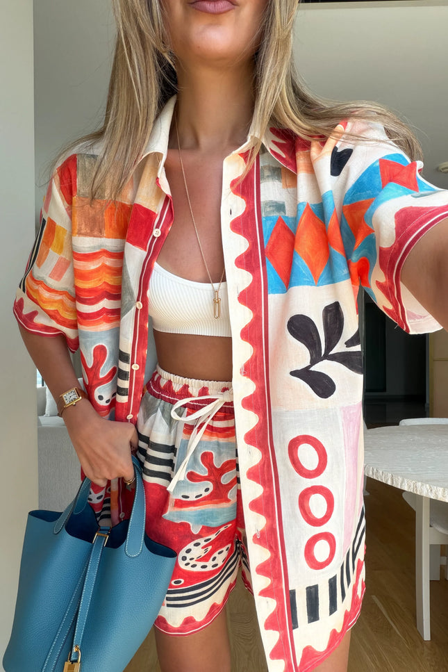 Mixed Pattern Linen Shorts Set