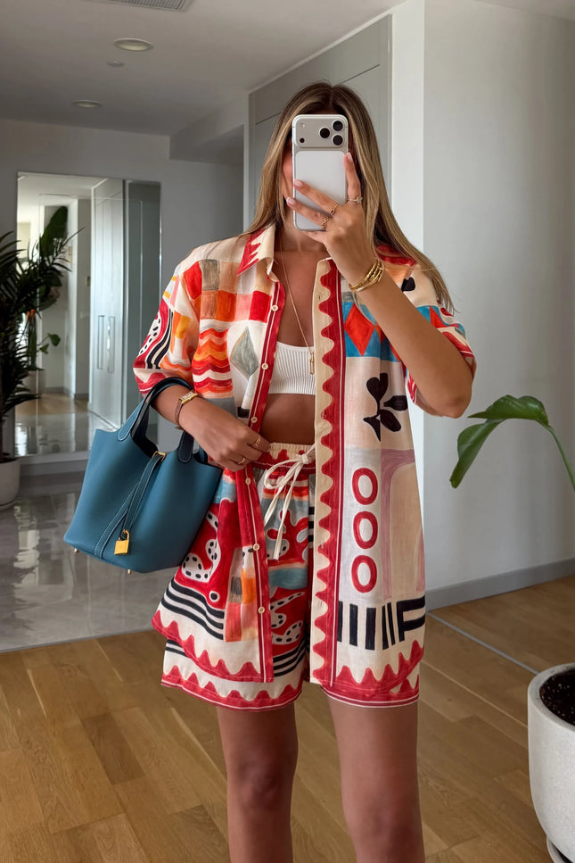Mixed Pattern Linen Shorts Set