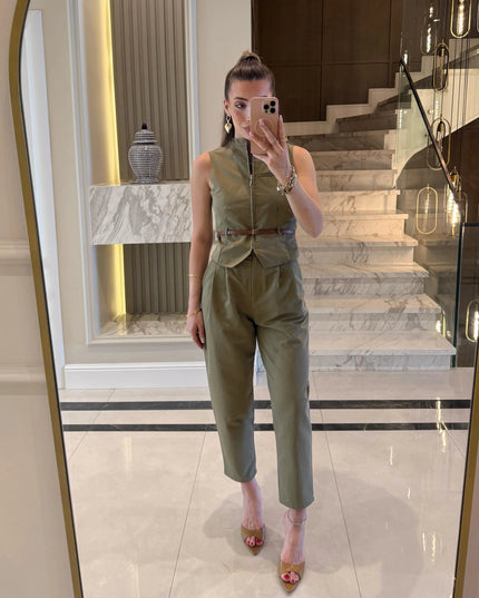 Victoria Belted Zip-Up Vest and Trousers Set - Khaki