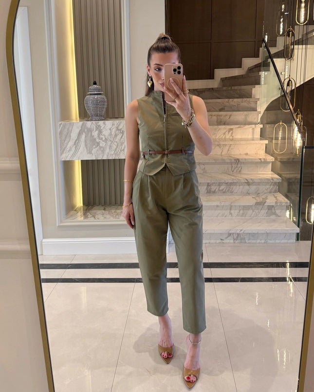Victoria Belted Zip-Up Vest and Trousers Set - Khaki