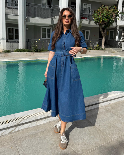 Shirt Collar Belted Pocket Detail Denim Dress