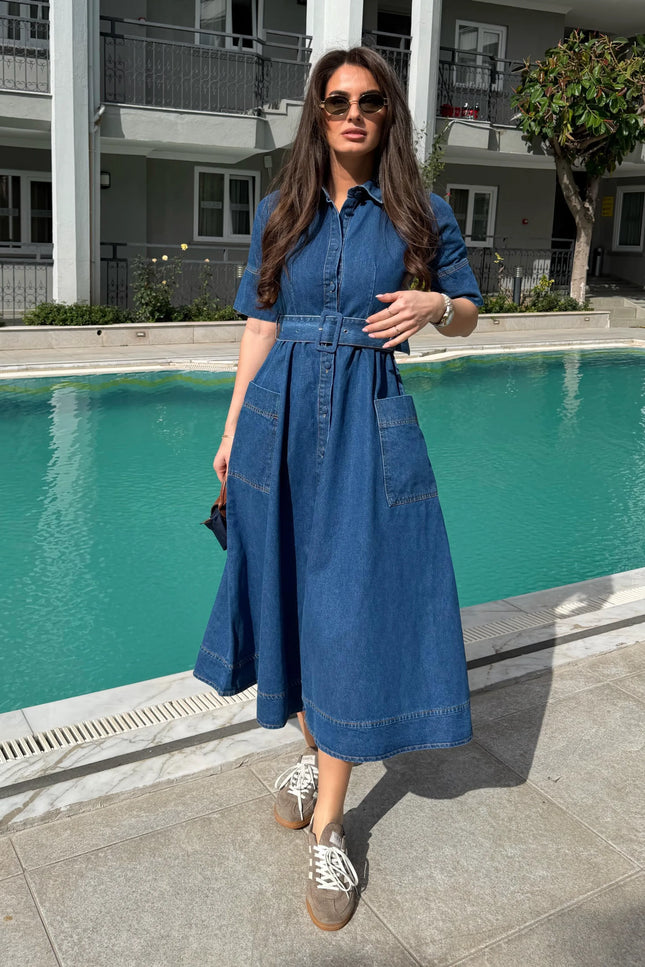 Shirt Collar Belted Pocket Detail Denim Dress