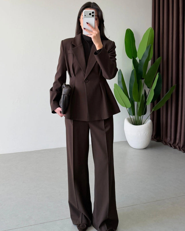 Sophie Pleated Jacket and Trousers Set - Brown