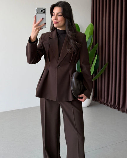 Sophie Pleated Jacket and Trousers Set - Brown
