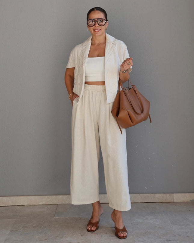 Natural Linen Embroidered Jacket and Trousers Set
