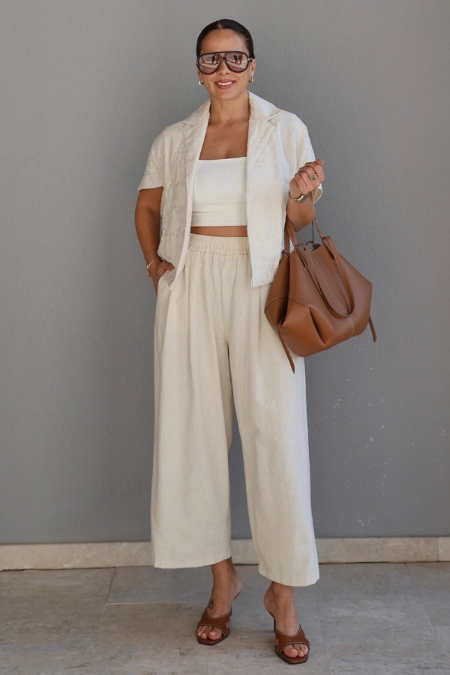 Natural Linen Embroidered Jacket and Trousers Set