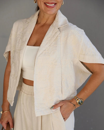 Natural Linen Embroidered Jacket and Trousers Set