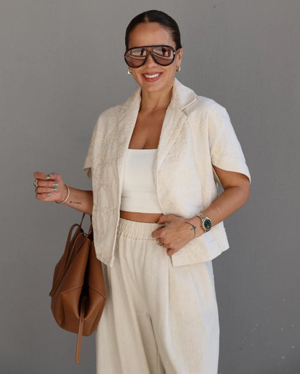 Natural Linen Embroidered Jacket and Trousers Set